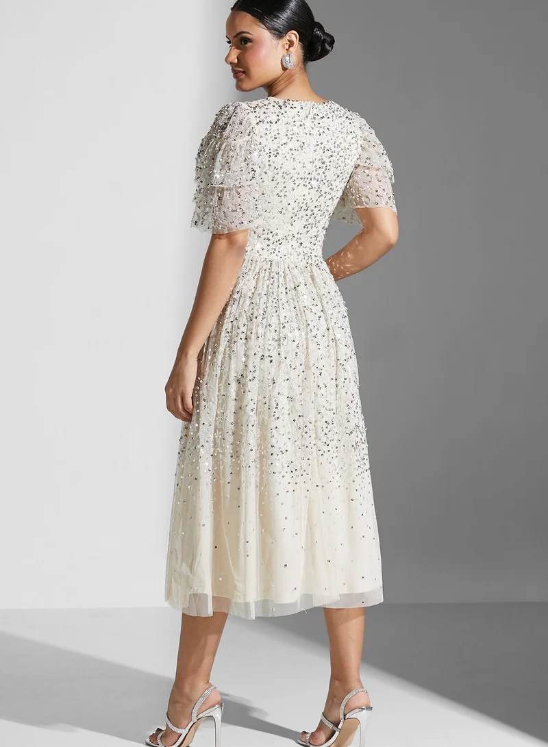 Frock and Frill Ruffle Sleeve Sequin Detail Dress