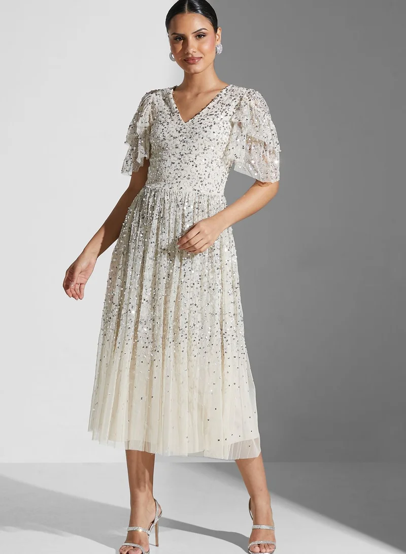 Frock and Frill Ruffle Sleeve Sequin Detail Dress