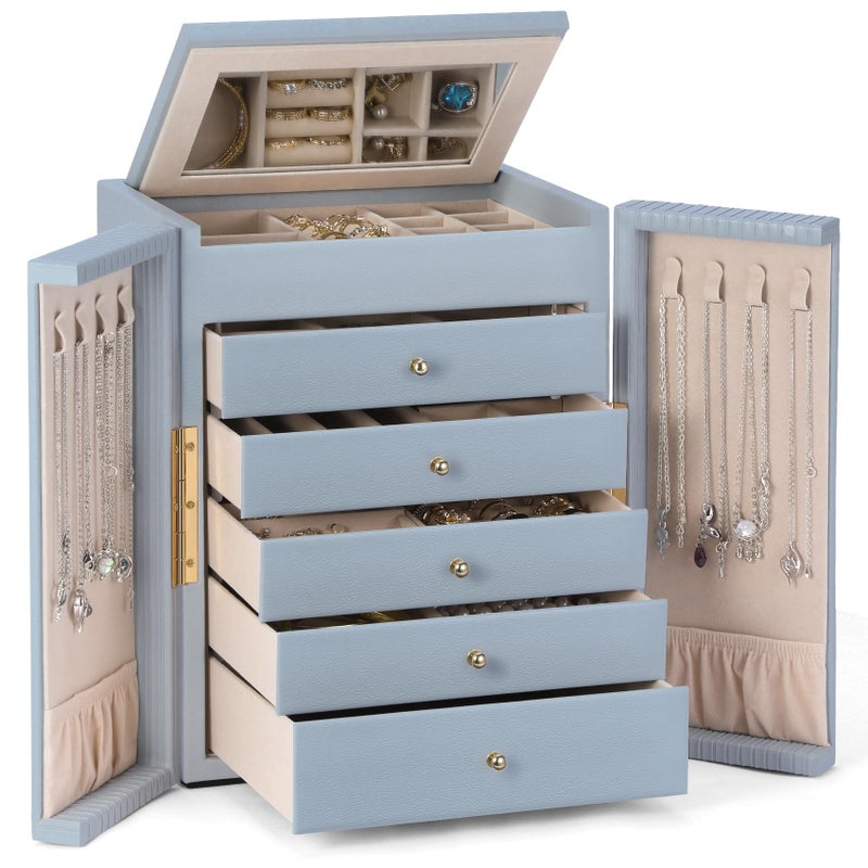 Dajasan Large Jewelry Organizer Box with Mirror, Jewelry Storage Organizer with 5 Drawers, 6-Tier Jewelry Gift Box for Women, Girls, Friends, Wife or Mother, Gift Idea (Smoky Blue) - Image 1