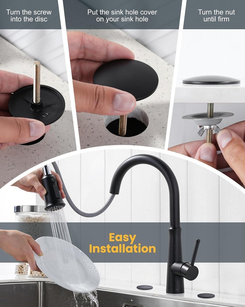 ALEASHA Brass Metal Faucet Hole Cover, 2-PCs Plug for Sink Countertop, Matte Black - Image 5