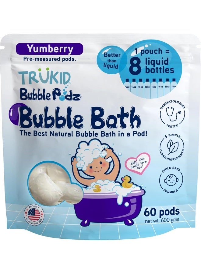 TruKid Bubble Podz Bubble Bath for Baby & Kids, Gentle Refreshing Bath Bomb for Sensitive Skin, pH Balance 7 for Eye Sensitivity, Natural Moisturizers and Ingredients, Yumberry (60 Podz) - Image 1