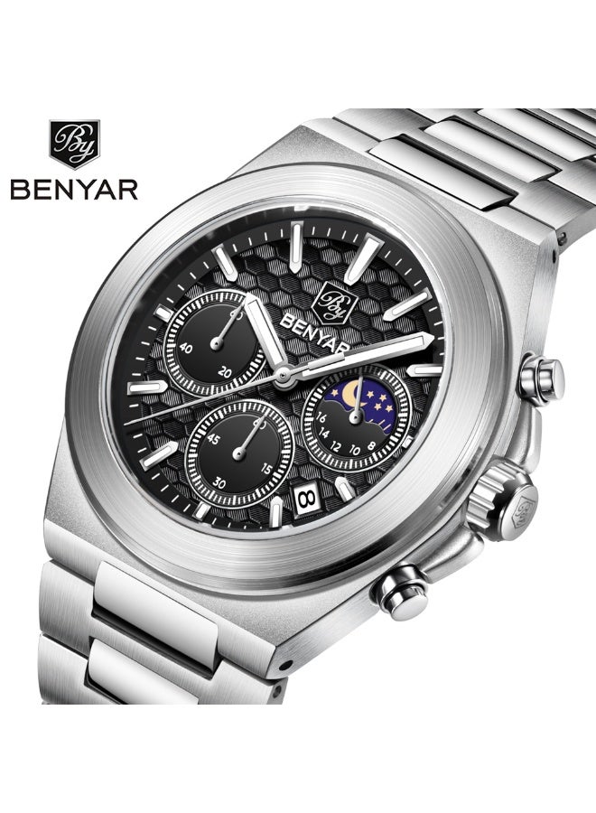 BENYAR Mens Watches Multifunction Chronograph Date Quartz Watch for Men Stainless Steel Band Wrist Watch Gift for Men Casual Business - Image 1