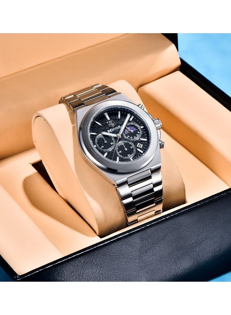 BENYAR Mens Watches Multifunction Chronograph Date Quartz Watch for Men Stainless Steel Band Wrist Watch Gift for Men Casual Business - Image 3
