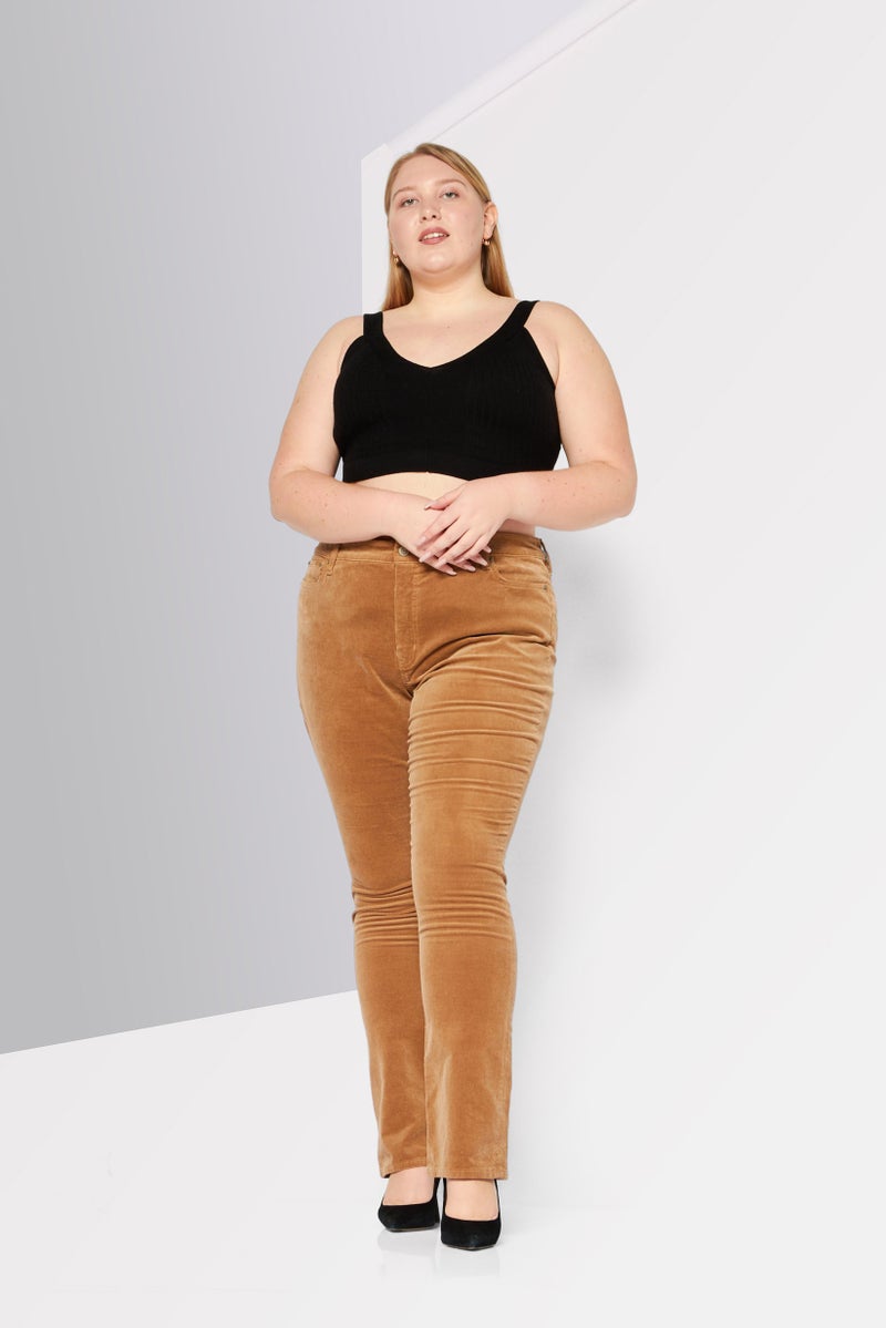 Lauren by Ralph Lauren Women Regular Fit Mid Waist Corduroy Pants, Tan - Image 2