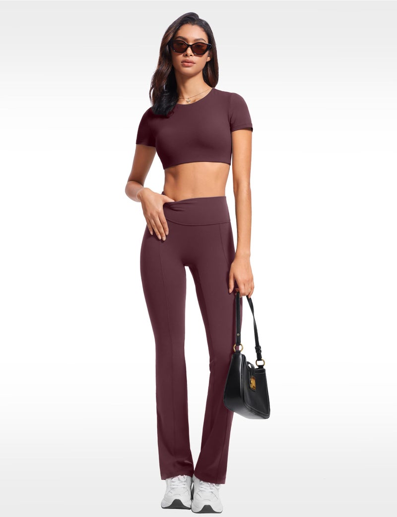 INGIA High Waist Mini Flared Leggings for Women 31" Bootcut Tummy Control Casual Lounge Yoga Pants Americano (Plumbrown) Medium - Image 3