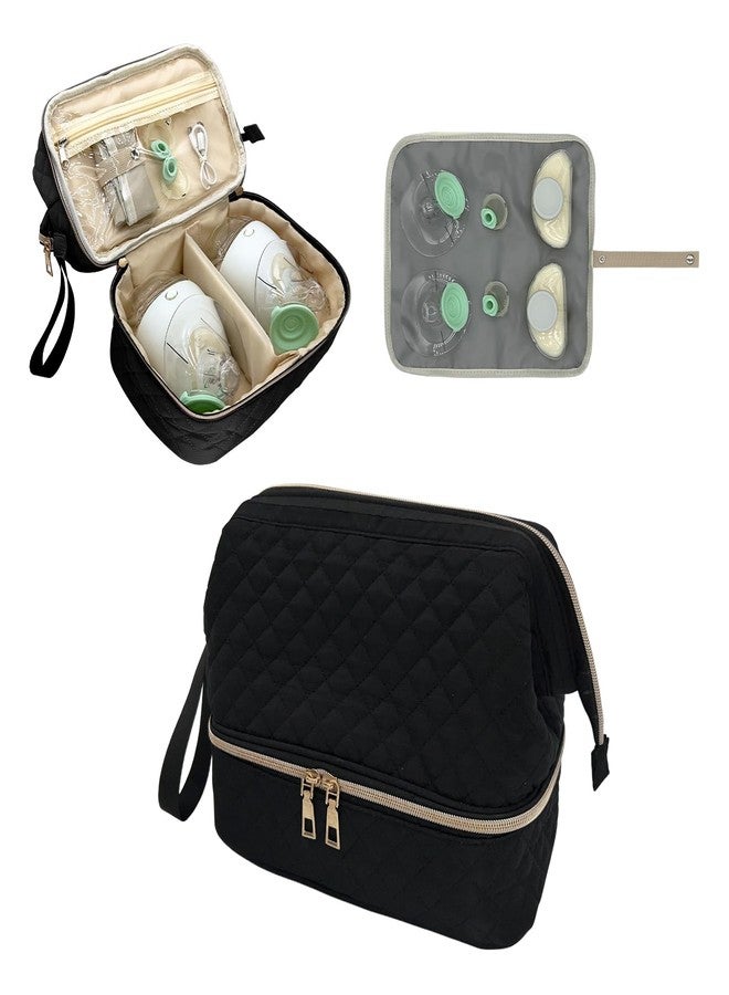 MELINON Double-Layer Wearable Breast Pump Bag for Elvie and Medela Pumps - Insulated Pockets and Waterproof Mat Included - Stylish Carrying Case for Moms on the Go (Black) - Image 1