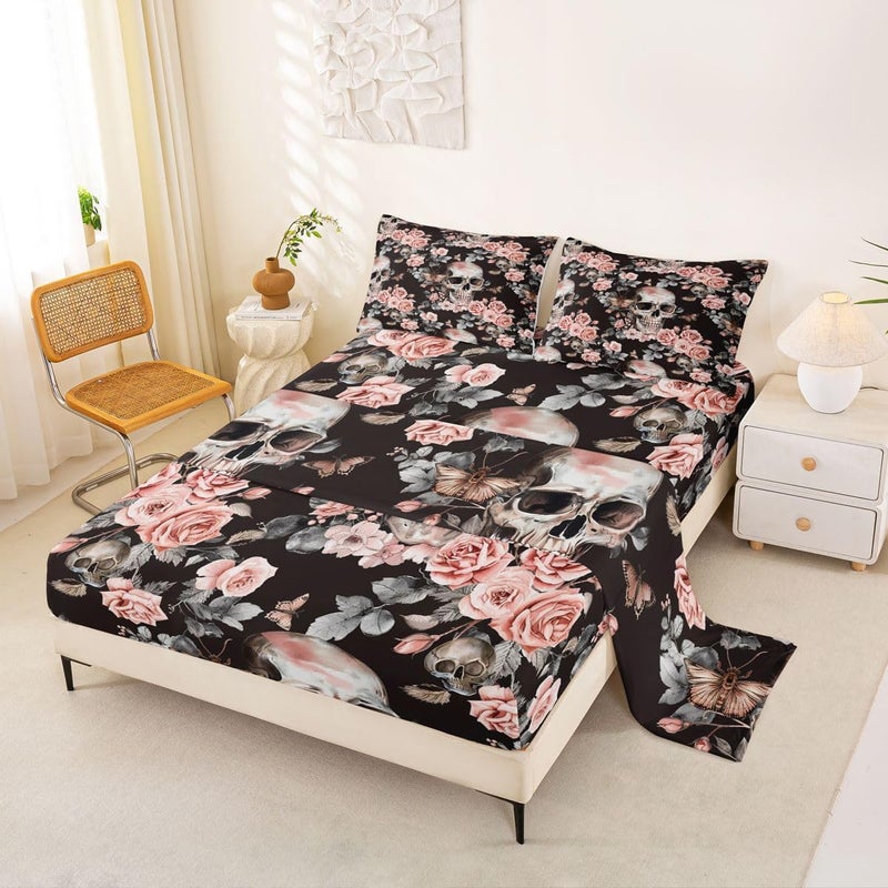 Feelyou Sugar Skull Bed Sheets Sets Full Size Kids Boys Girls Halloween Themed Bedding Set Rose Floral Flower Bed Sheet Set with 16-Inch Deep Pockets Cemetery 4Pcs with 2 Pillow Cases Goth - Image 1