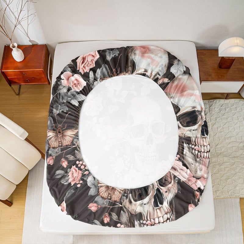 Feelyou Sugar Skull Bed Sheets Sets Full Size Kids Boys Girls Halloween Themed Bedding Set Rose Floral Flower Bed Sheet Set with 16-Inch Deep Pockets Cemetery 4Pcs with 2 Pillow Cases Goth - Image 5