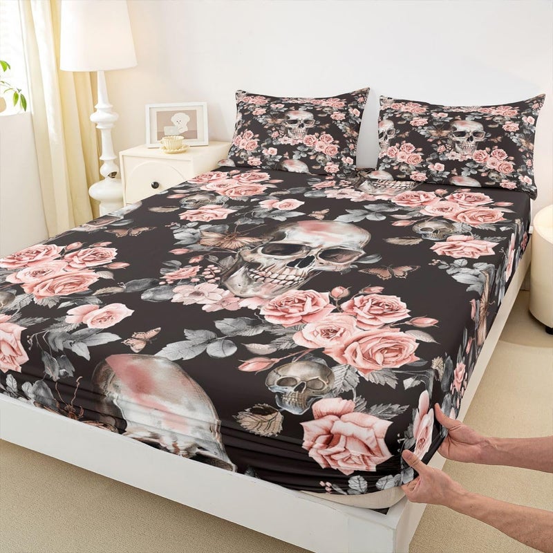 Feelyou Sugar Skull Bed Sheets Sets Full Size Kids Boys Girls Halloween Themed Bedding Set Rose Floral Flower Bed Sheet Set with 16-Inch Deep Pockets Cemetery 4Pcs with 2 Pillow Cases Goth - Image 4