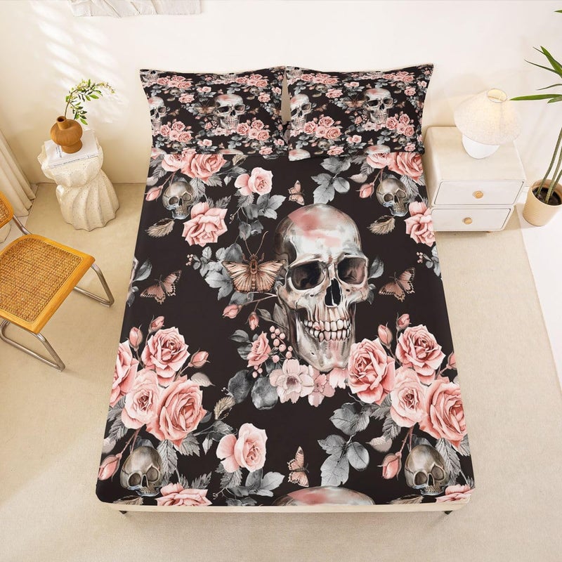 Feelyou Sugar Skull Bed Sheets Sets Full Size Kids Boys Girls Halloween Themed Bedding Set Rose Floral Flower Bed Sheet Set with 16-Inch Deep Pockets Cemetery 4Pcs with 2 Pillow Cases Goth - Image 2