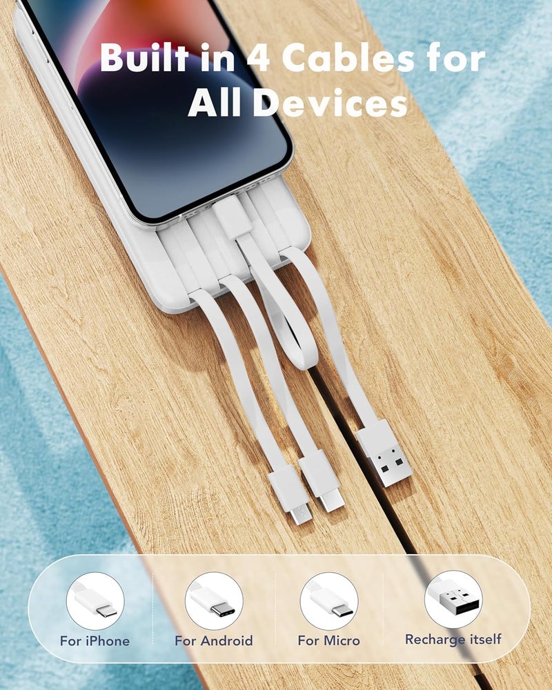 Charmast Power Bank with Built in Cable, 10000mAh USB C Battery Pack 6 Outputs 2 Inputs with LED Display Type C Powerbank Portable Charger Compatible with Smartphones Tablets and More-White - Image 2