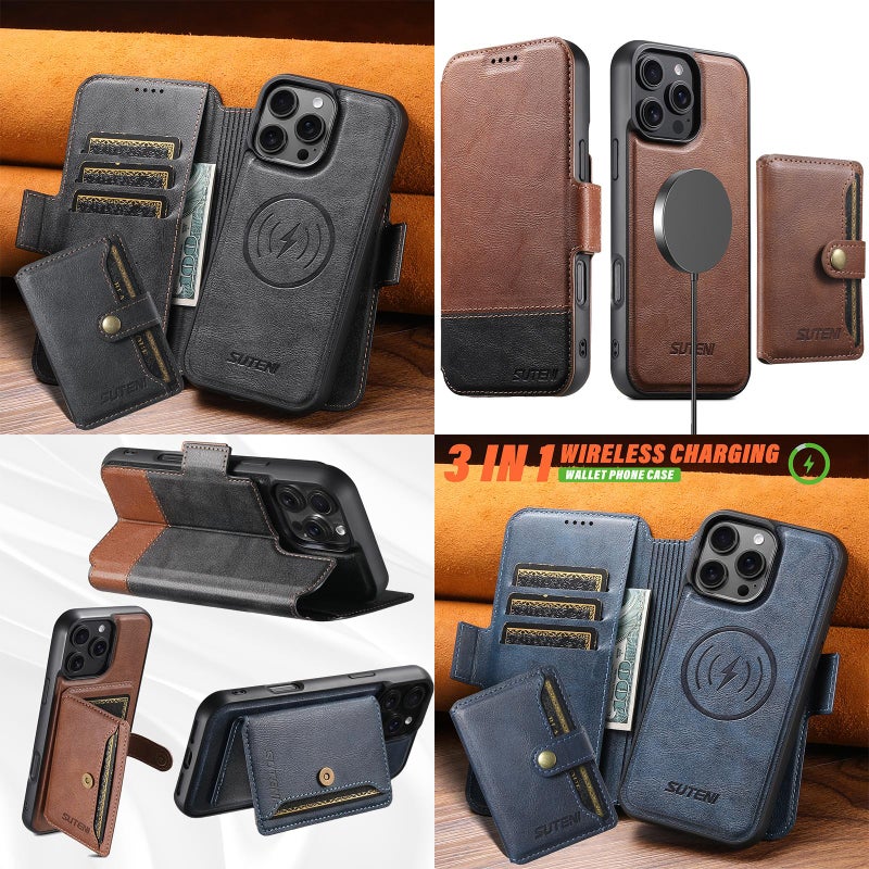 Suteni For Iphone 16 Q06S1 3-In-1 Splicing Detachable Wallet Magsafe Leather Phone Case(Black) - Image 5