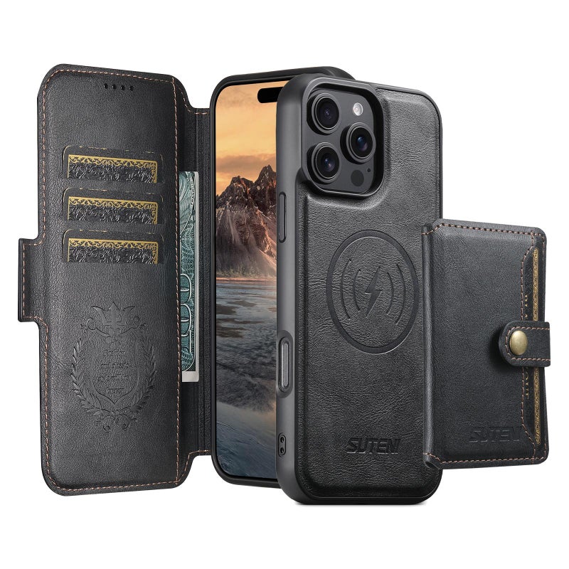 Suteni For Iphone 16 Q06S1 3-In-1 Splicing Detachable Wallet Magsafe Leather Phone Case(Black) - Image 2