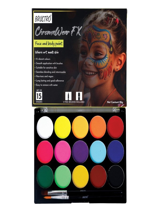 Brustro ChromaWear FX Face & Body Paint| 25g,Set of 15 Vibrant Shades|Includes 2 Free Brushes,Skin-Safe,Non-Toxic,Vegan|Face Art,Cosplay,Festivals and Stage Play for Adult and Kids - Image 1