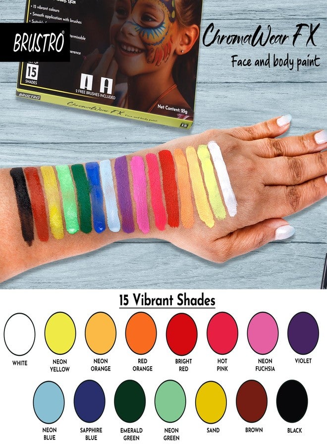 Brustro ChromaWear FX Face & Body Paint| 25g,Set of 15 Vibrant Shades|Includes 2 Free Brushes,Skin-Safe,Non-Toxic,Vegan|Face Art,Cosplay,Festivals and Stage Play for Adult and Kids - Image 3