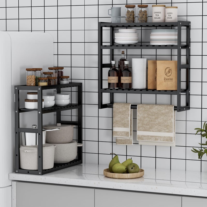 PPN Towel Rack Bathroom Storage Shelves Over The Toilet with Towel Bar 100% Bamboo Adjustable Height Floating Shelf Wall Shower Shelf for Small Space Bathroom Kitchen Multi Usage (Black-1Pack) - Image 4