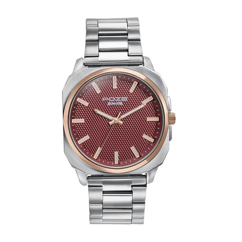 Sonata Poze 6 Chrome Calling Quartz Red Round Dial Men's Watch | Stainless Steel Strap Material | Watches for Men Analog - SP70087KM01 - Image 5
