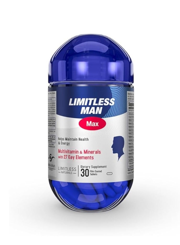 Limitless Man Max – Men’s Daily Multivitamins with 27 Essential Nutrients – Energy, Vitality & Immune Support – Vitamins with Iron, D & B Complex – 30 Tablets - Image 1