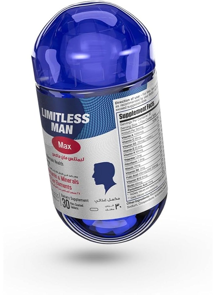 Limitless Man Max – Men’s Daily Multivitamins with 27 Essential Nutrients – Energy, Vitality & Immune Support – Vitamins with Iron, D & B Complex – 30 Tablets - Image 4