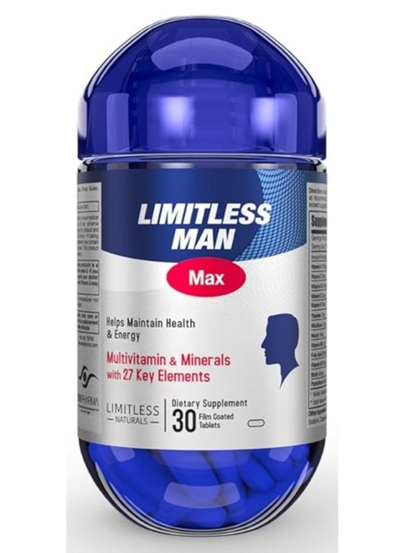 Limitless Man Max – Men’s Daily Multivitamins with 27 Essential Nutrients – Energy, Vitality & Immune Support – Vitamins with Iron, D & B Complex – 30 Tablets - Image 1