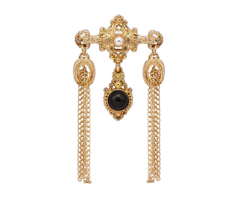 Knighthood Gold Engraving Pearl Black Stone and Hanging Chain Metal Lapel Pin Brooch for Men - Image 5