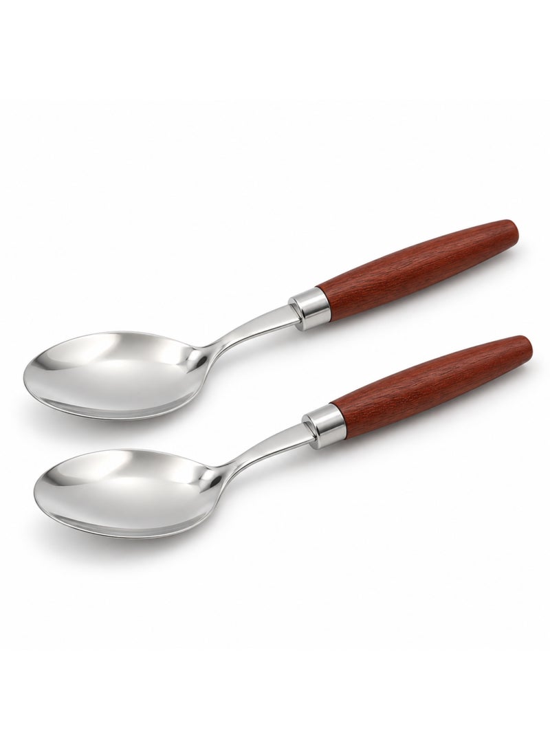 BERAM Dining Spoon with Wooden Handle, Mirror Finish Steel Table Spoon for Home Kitchen and Daily Meals, Flatware, Pack of 2 - Image 1