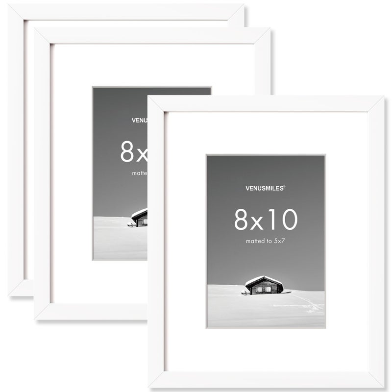 Venusmiles 8x10 inch Picture Frame  8x10 Photo Frames with 5x7 Removable Mat - High Definition Plexiglass - Vertical and Horizontal Display - Wall Hanging Frame - White  3 Pack - Image 1