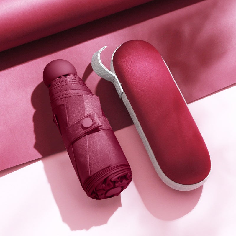 Compact Folding Sunshade Umbrella UV Protection Wine red thick black glue 