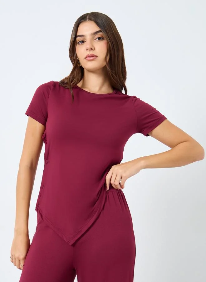 ستايلي Styli Asymmetric Hem Button Detail Knit Top and Jogger Co-Ords