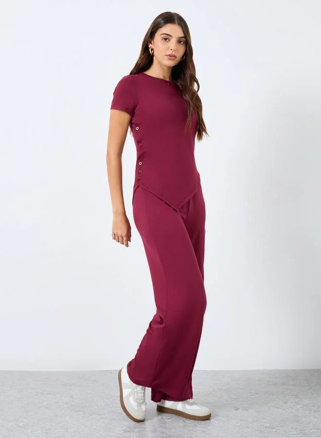 ستايلي Styli Asymmetric Hem Button Detail Knit Top and Jogger Co-Ords