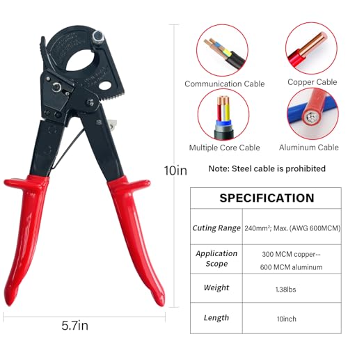 Socpuro Heavy Duty Ratchet Cable Cutter Aluminum Copper Wire Up to 240mm600MCM - Image 3
