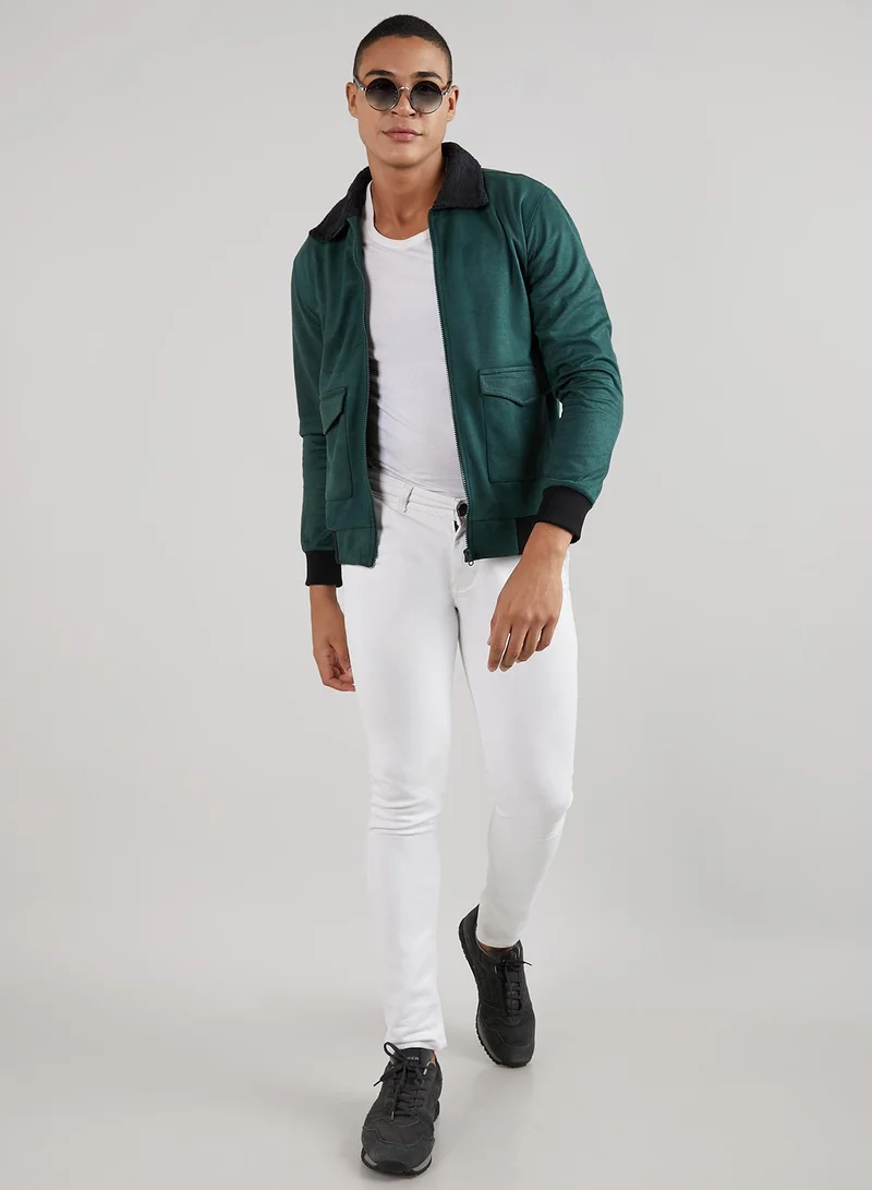 Campus Sutra Men's Emerald Green Zip-Front Jacket With Fleece Collar