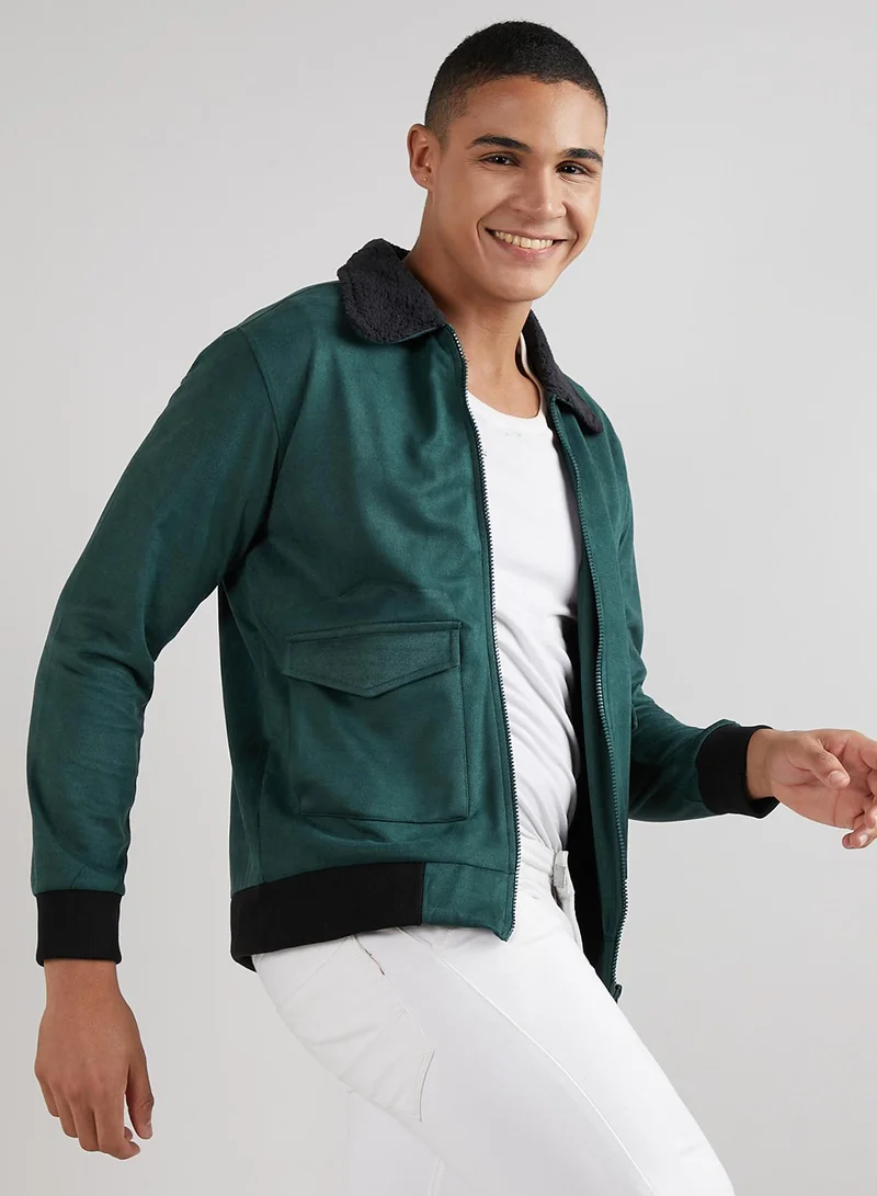 Campus Sutra Men's Emerald Green Zip-Front Jacket With Fleece Collar