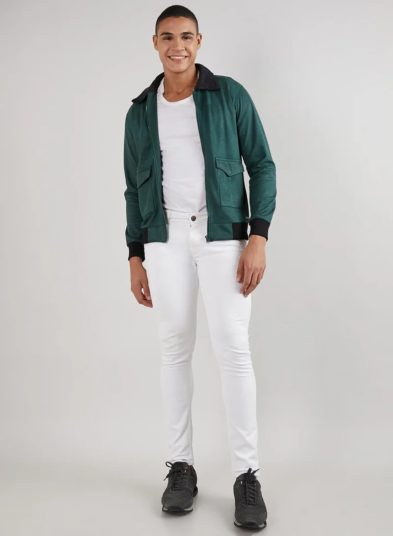 Campus Sutra Men's Emerald Green Zip-Front Jacket With Fleece Collar