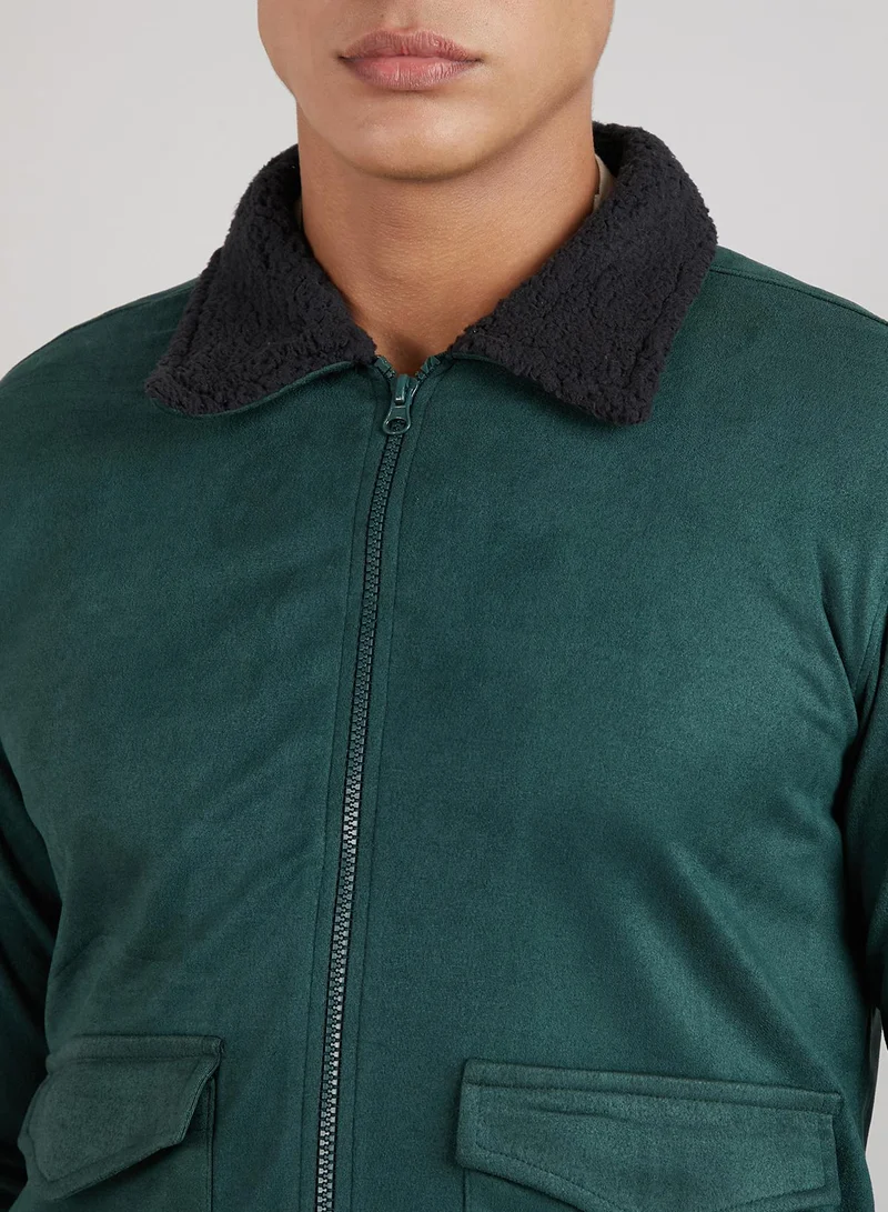 Campus Sutra Men's Emerald Green Zip-Front Jacket With Fleece Collar