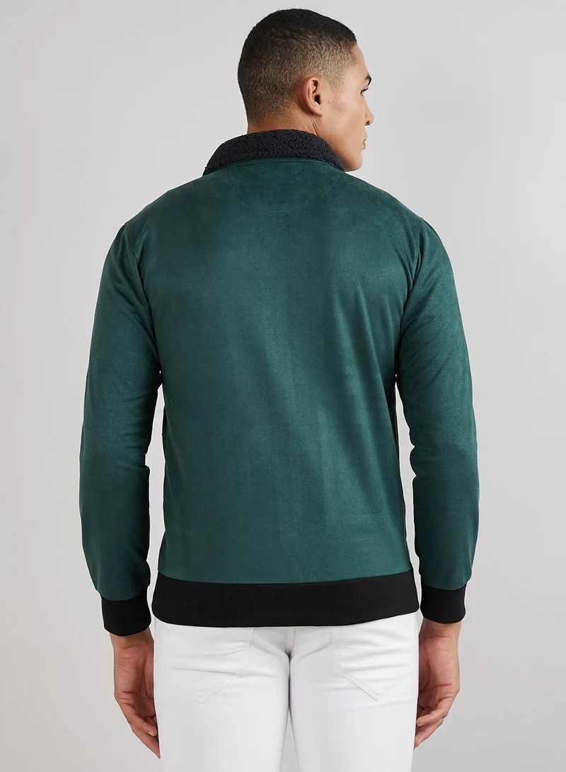 Campus Sutra Men's Emerald Green Zip-Front Jacket With Fleece Collar