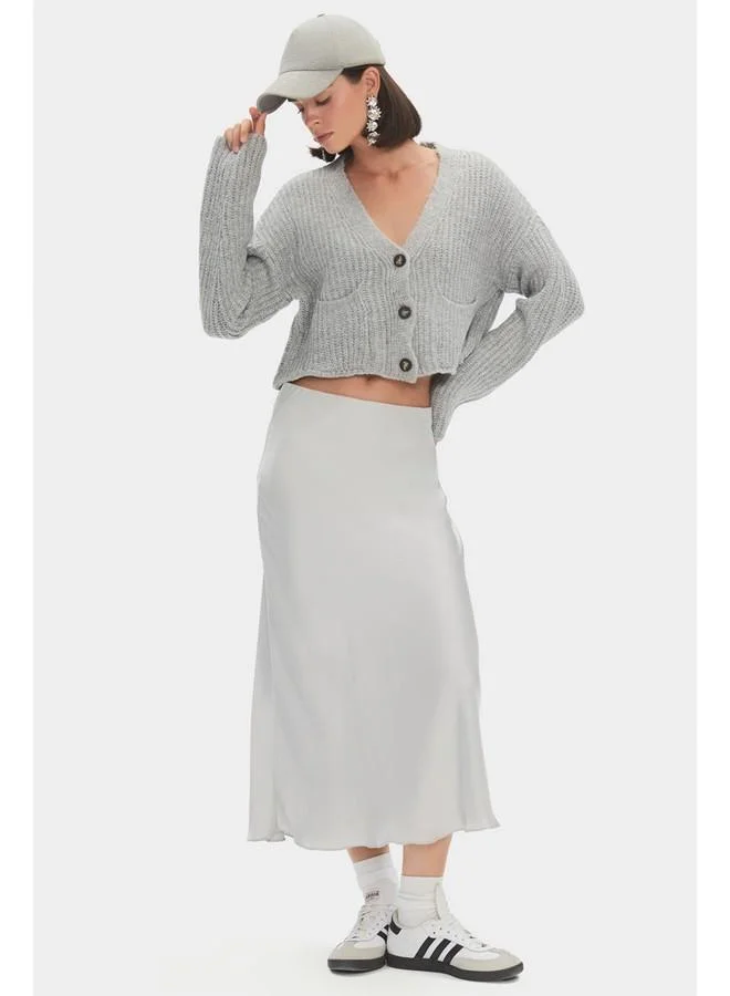 JUNE June Women V-Neck Pocket Detailed Knitwear Cardigan Grey