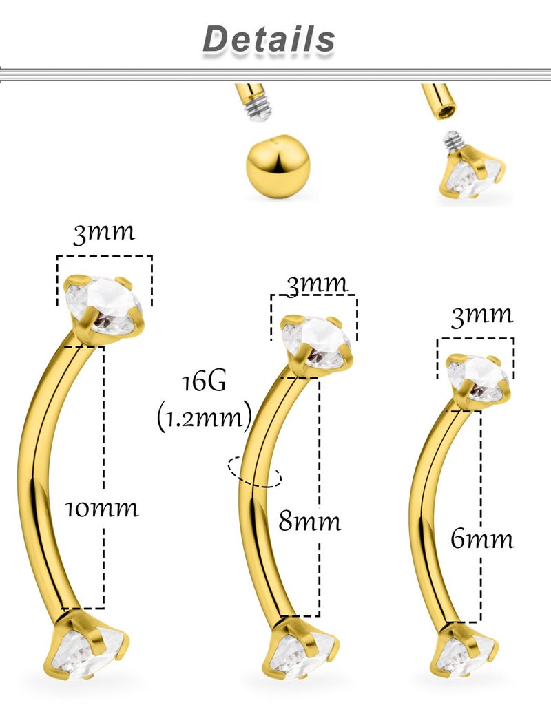 Ocptiy 16G Gold Rook Eyebrow Piercing jewelry Daith Earring Stainles Surgical Steel Curved Barbell Vertical Labret Lip Snake Frog Eye Tongue Belly Button Ring Piercing Jewelry Men Women 6mm 8mm 10mm - Image 3
