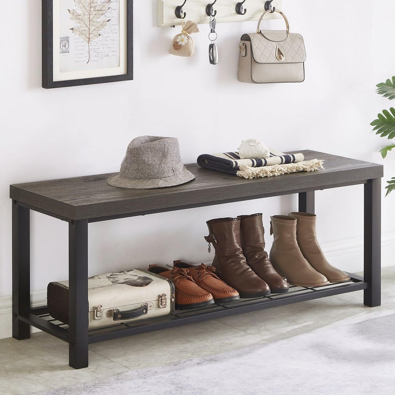 EXCEFUR Entryway Bench Industrial Metal and Wood Storage Bench for Living Room Indoor Shoe Rack Bench Seat 433 Inch Grey
