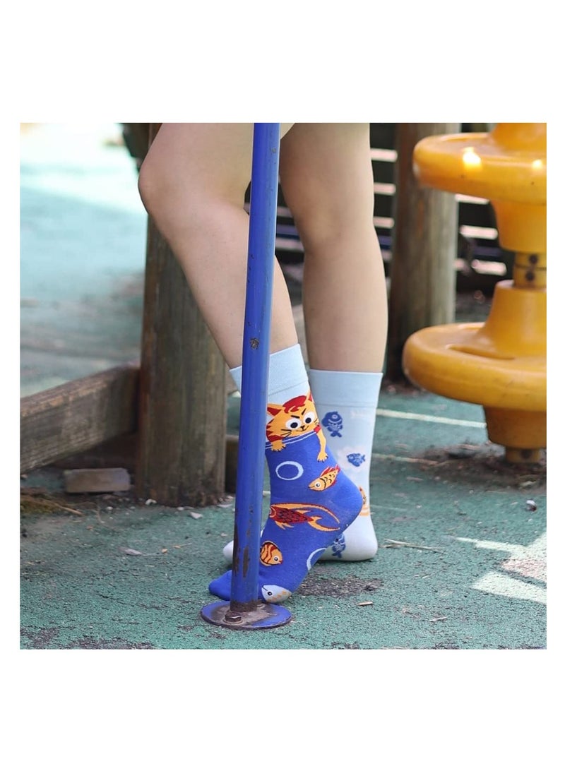 Fun Cartoon Animal Mid Calf Socks for Women, 2 Pairs of Soft Cotton Crew Socks in Light Blue & Deep Blue for Everyday Wear - Image 2