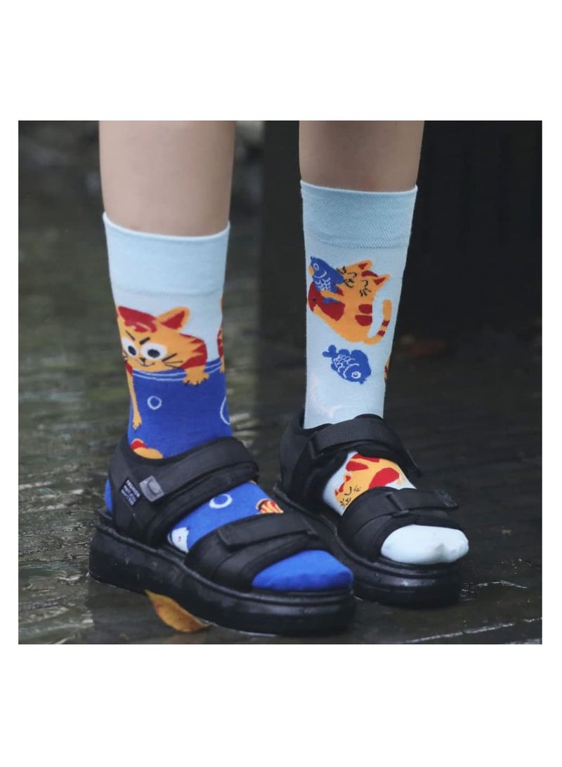 Fun Cartoon Animal Mid Calf Socks for Women, 2 Pairs of Soft Cotton Crew Socks in Light Blue & Deep Blue for Everyday Wear - Image 4