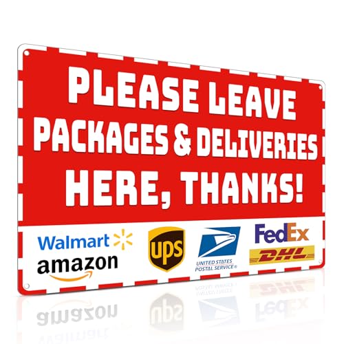 Piemow Package Delivery Metal Sign, Please Leave Packages & Deliveries Here Thanks, Weather Resistant Red Aluminum Delivery Instructions for House Yard Front Door Box Outdoor Use 8×12 Inch - Image 1