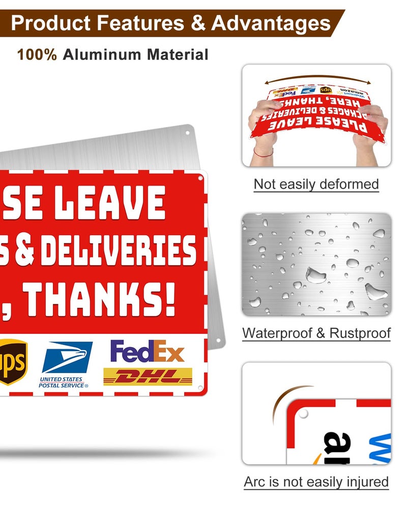 Piemow Package Delivery Metal Sign, Please Leave Packages & Deliveries Here Thanks, Weather Resistant Red Aluminum Delivery Instructions for House Yard Front Door Box Outdoor Use 8×12 Inch - Image 4