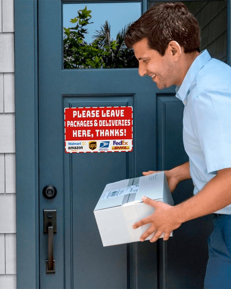 Piemow Package Delivery Metal Sign, Please Leave Packages & Deliveries Here Thanks, Weather Resistant Red Aluminum Delivery Instructions for House Yard Front Door Box Outdoor Use 8×12 Inch - Image 2