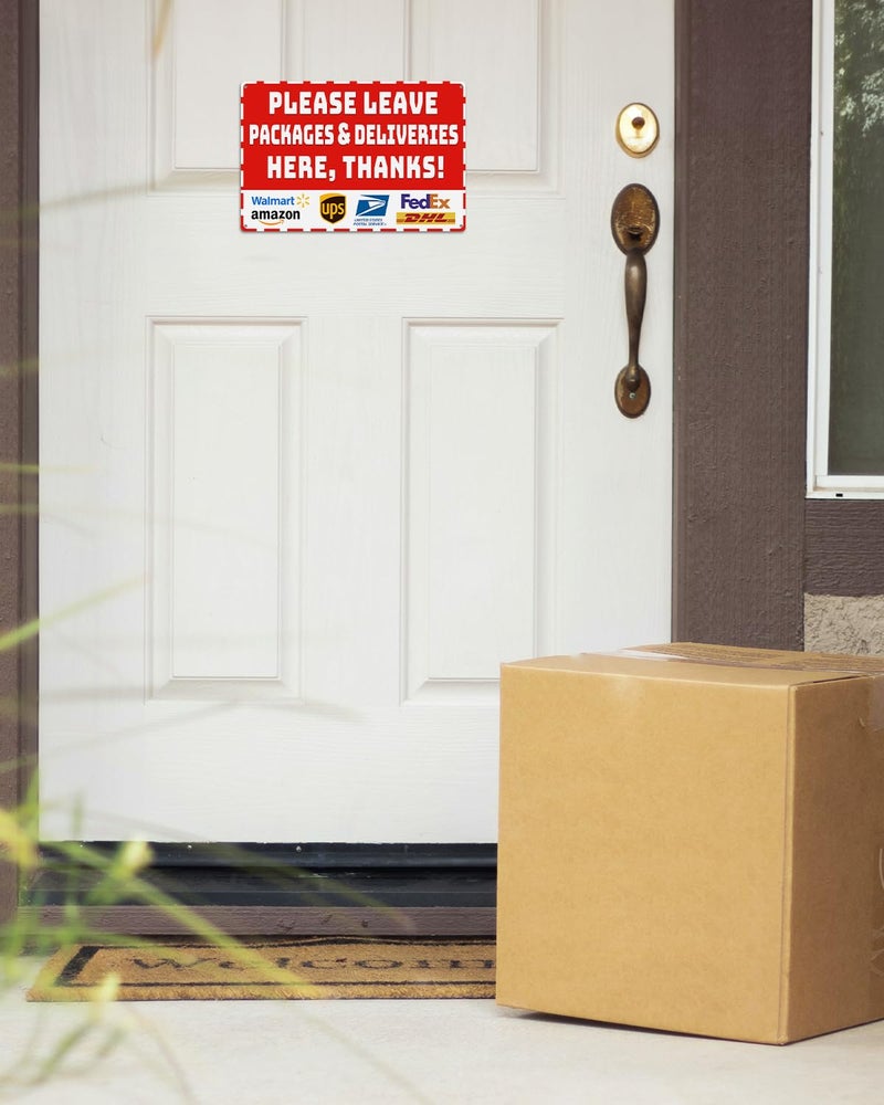 Piemow Package Delivery Metal Sign, Please Leave Packages & Deliveries Here Thanks, Weather Resistant Red Aluminum Delivery Instructions for House Yard Front Door Box Outdoor Use 8×12 Inch - Image 3