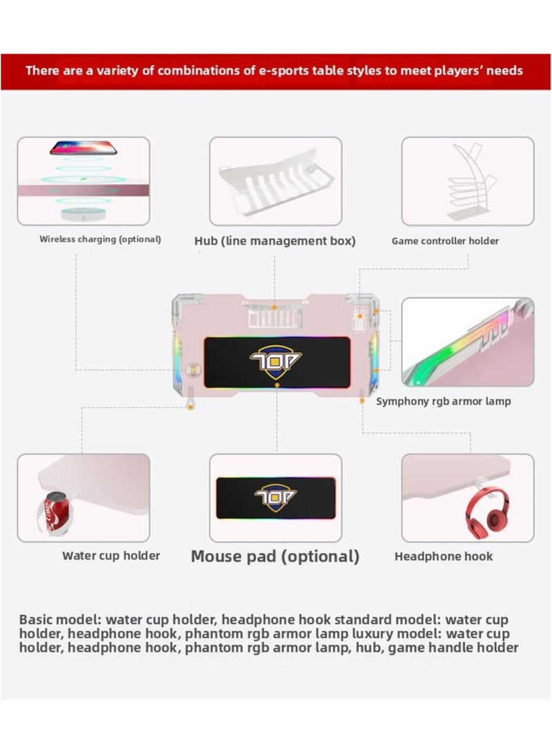 Black Z-Shaped Gaming Desk with Side Lighting, 140×60×73cm Carbon Fiber Texture Table, Cold Rolled Steel Frame, with Cup Holder, Headphone Holder, Colorful Running Lights, Sturdy Design (Pink) - Image 4