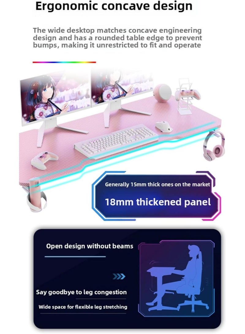 Black Z-Shaped Gaming Desk with Side Lighting, 140×60×73cm Carbon Fiber Texture Table, Cold Rolled Steel Frame, with Cup Holder, Headphone Holder, Colorful Running Lights, Sturdy Design (Pink) - Image 5