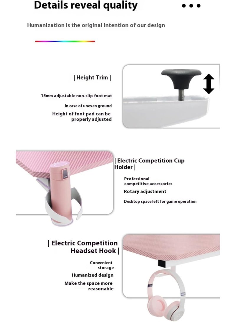 Black Z-Shaped Gaming Desk with Side Lighting, 140×60×73cm Carbon Fiber Texture Table, Cold Rolled Steel Frame, with Cup Holder, Headphone Holder, Colorful Running Lights, Sturdy Design (Pink) - Image 2