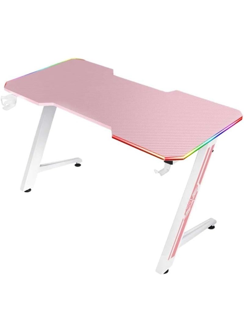Black Z-Shaped Gaming Desk with Side Lighting, 140×60×73cm Carbon Fiber Texture Table, Cold Rolled Steel Frame, with Cup Holder, Headphone Holder, Colorful Running Lights, Sturdy Design (Pink) - Image 1