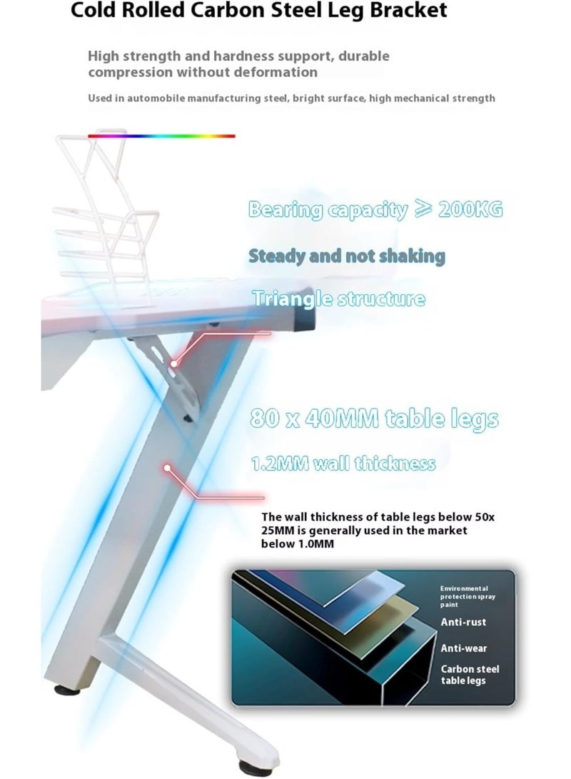 Black Z-Shaped Gaming Desk with Side Lighting, 140×60×73cm Carbon Fiber Texture Table, Cold Rolled Steel Frame, with Cup Holder, Headphone Holder, Colorful Running Lights, Sturdy Design (Pink) - Image 3